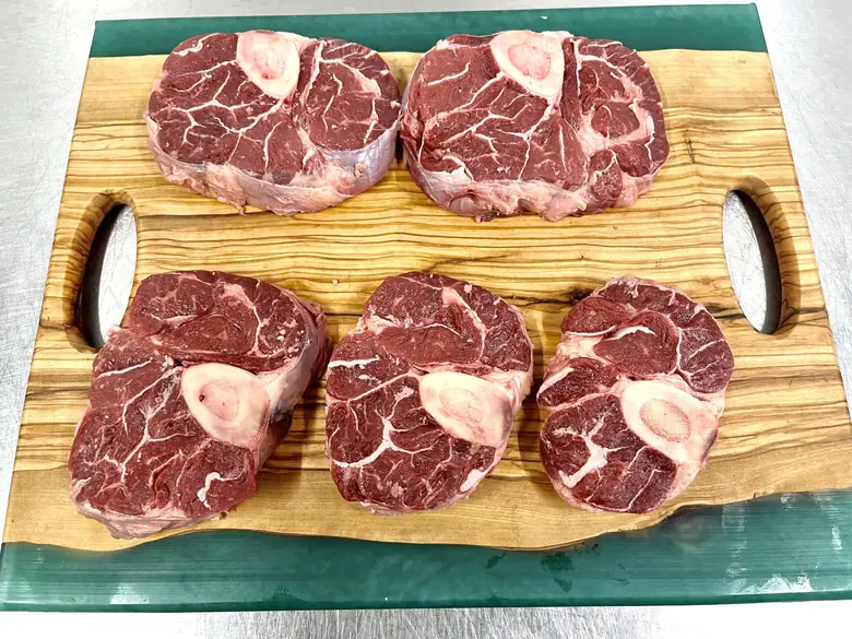 Beef shanks in the case at Macelleria