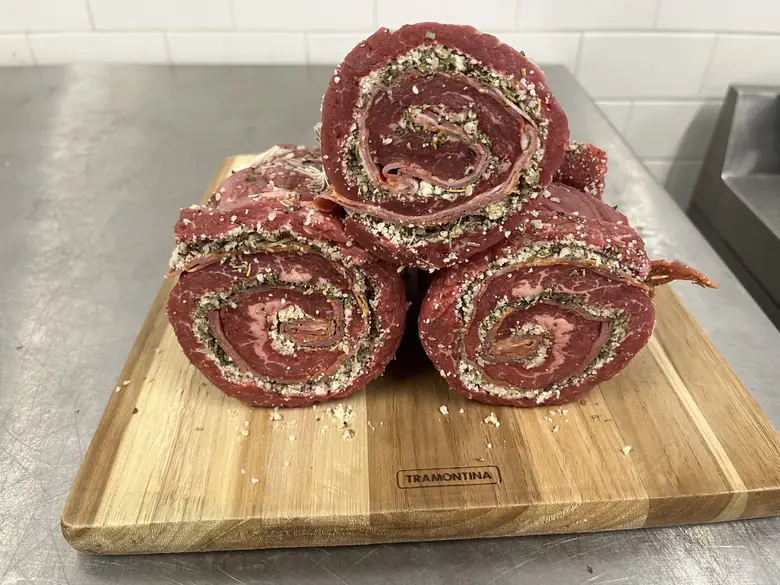 Braciole rolled and tied at the counter