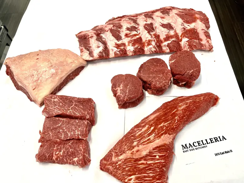 Picanha, Denver steak, tri tip, back ribs and filet laid out together